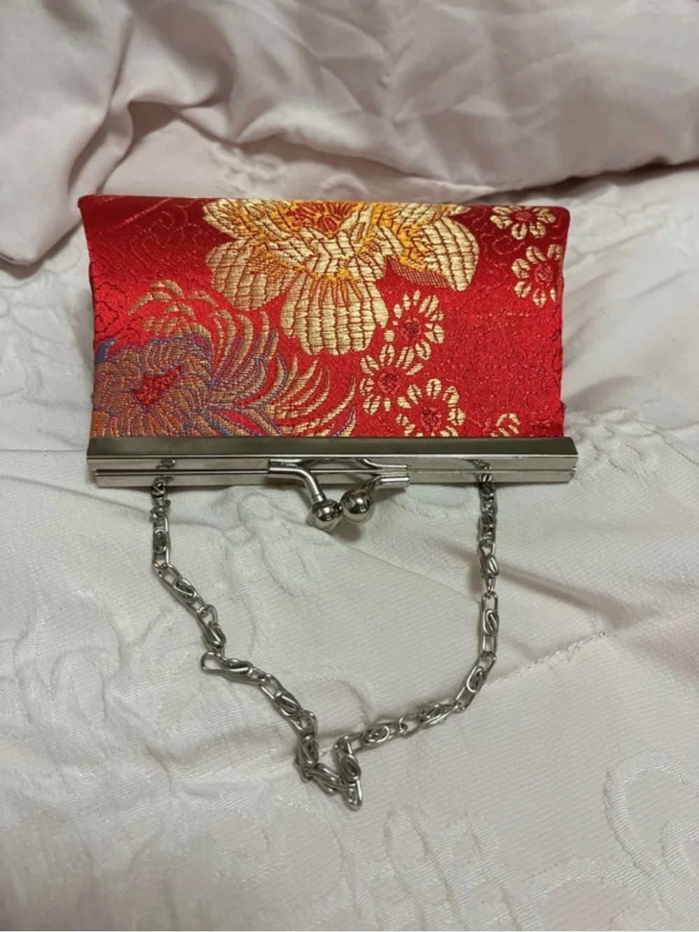 Hand Crafted Red Brocade Floral Clutch with Silver Frame